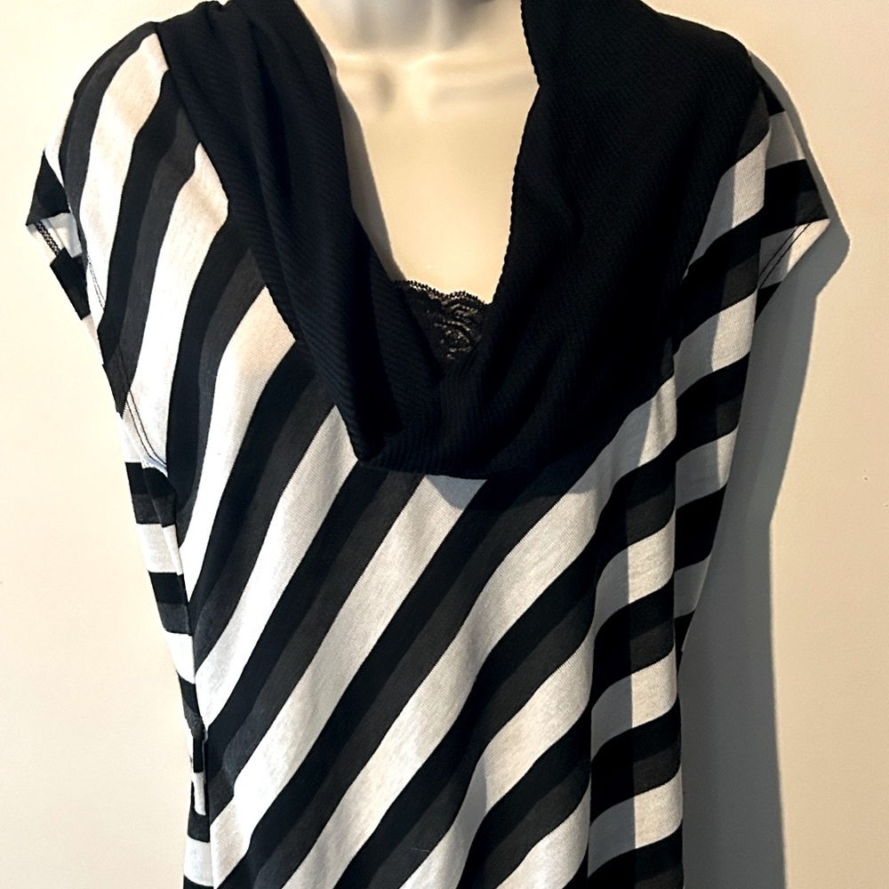 Black and white stripes shirt with attached lace
